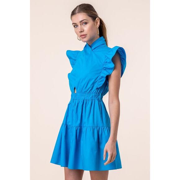 Line & Dot Ruffle Mini Dress Blue Mock Neck Tiered Elastic Waist Cap Sleeve Sz M - Picture 1 of 15